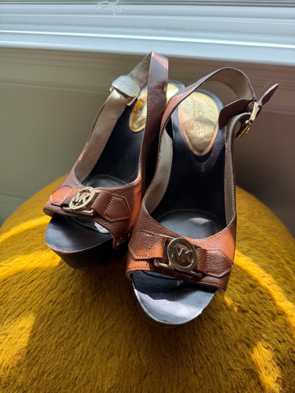 Michael Kors Cognac Brown Leather Platform Slingback Wedges with Gold Logo